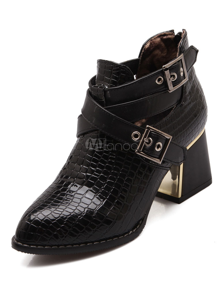 Pointed Toe Booties Chunky Heel Crocodile Print Cross Strap Ankle Boots