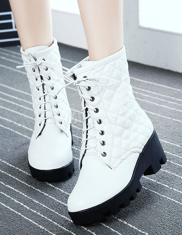 Black Short Boots Women's Quilted Chunky Heel Lace Up Winter Boots ...