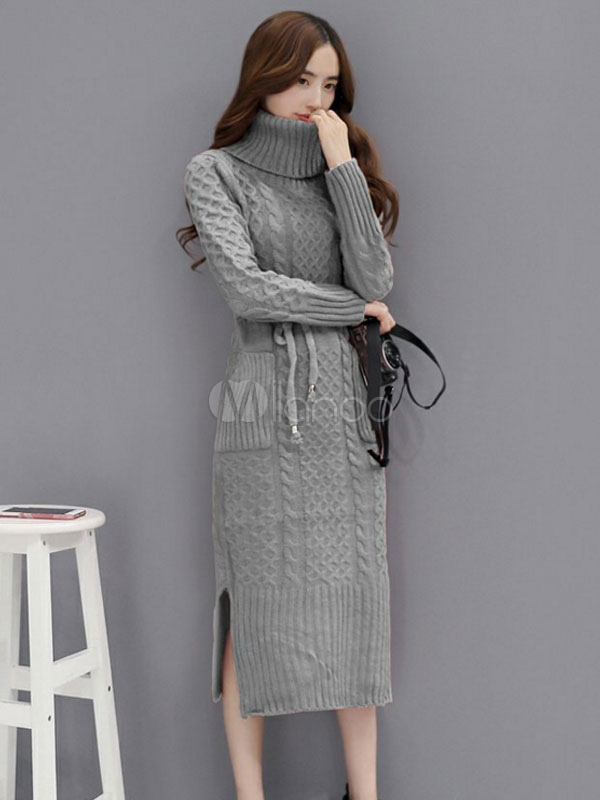 Red Sweater Dress High Collar Long Sleeve Cable Split Lace Up Long Line ...