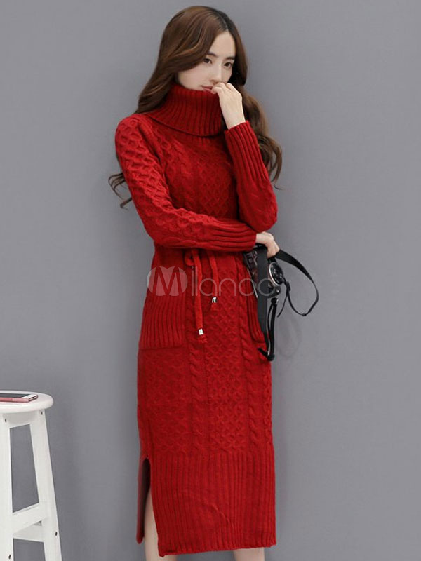 Red Sweater Dress High Collar Long Sleeve Cable Split Lace Up Long Line ...