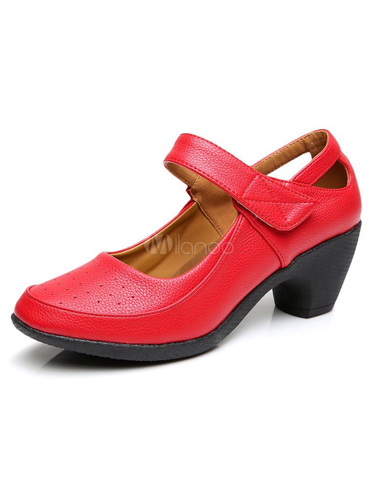 Red Jazz Shoes Chunky Heel Mary Jane Women's Dance Shoes With Velcro