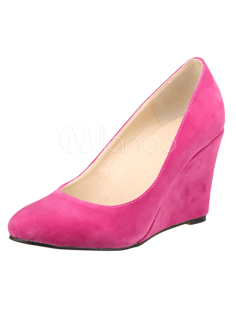 Suede Wedge Pumps Round Toe Slip On Shoes For Women - Milanoo.com
