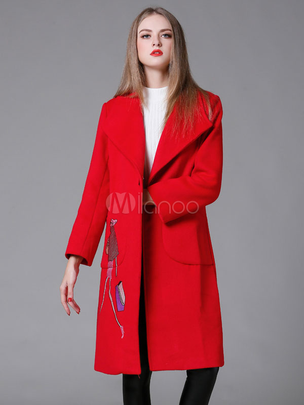 Red Winter Coats Women's Embroidered Gabardine Long Sleeve Outerwear ...
