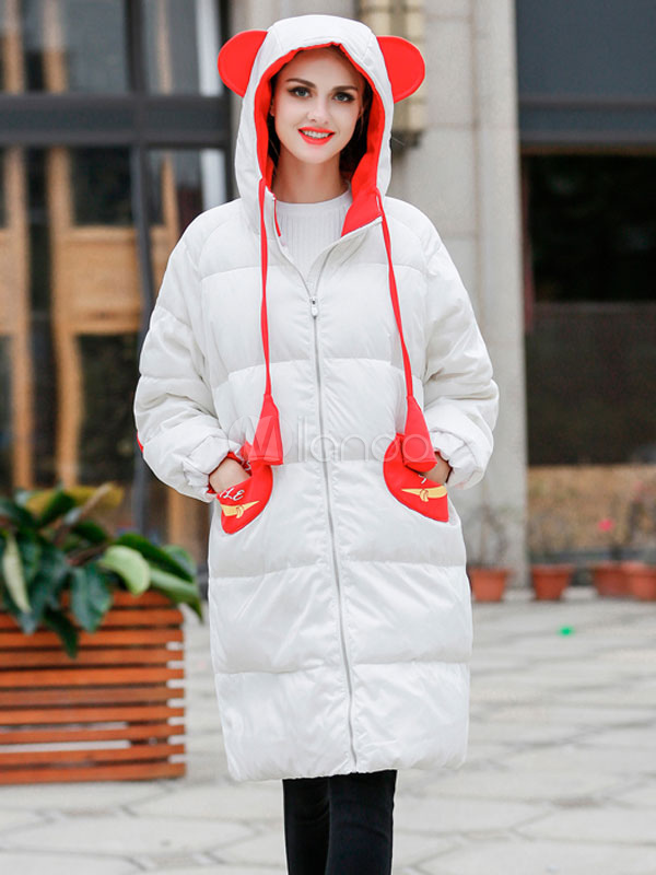 White Down Coat Women's Strappy Hooded Long Sleeve Lightweight Cotton