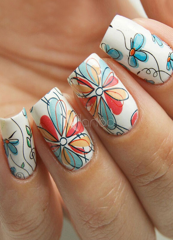 Etiquetas engomadas del clavo de las mujeres blancas uñas impresas florales  decoración 2 piezas en conjunto - Milanoo.com