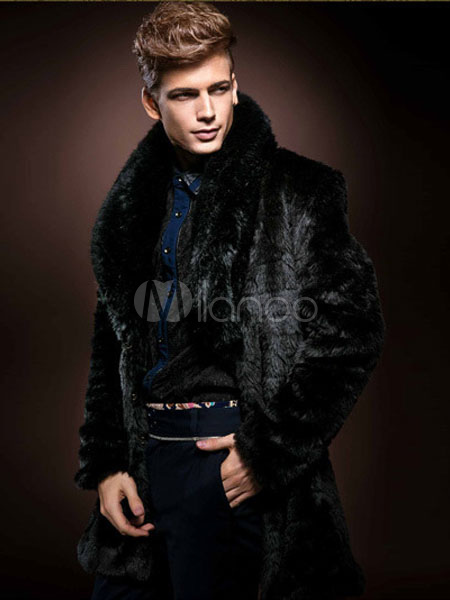 Black Fur Coat Plus Size Turndown Collar Mid Length Faux Fur Winter ...