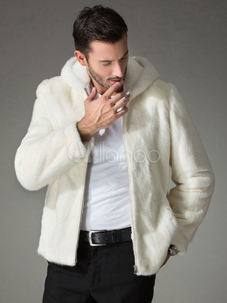 White Fur Coat Hooded Zipper Faux Fur Slim Fit Bomber Jacket For Men ...
