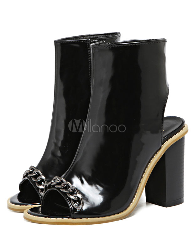 Negro tacón botas sandalias botines Peep Toe tacón grueso de las mujeres de  charol con cadena - Milanoo.com
