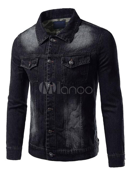 Men's Denim Jacket Black Long Sleeve Turndown Collar Button Jacket Coat ...