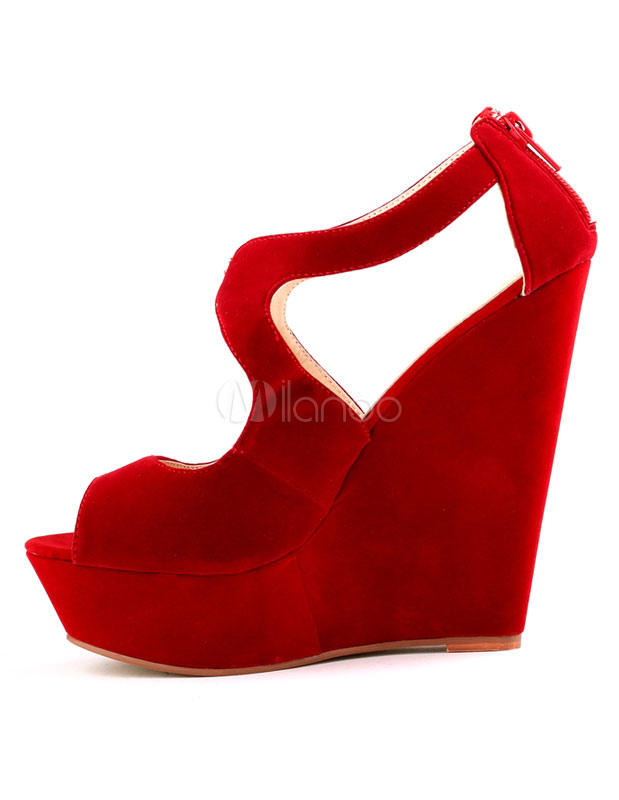 Red Wedge Sandals Women's Peep Toe Zip Up Wedges - Milanoo.com