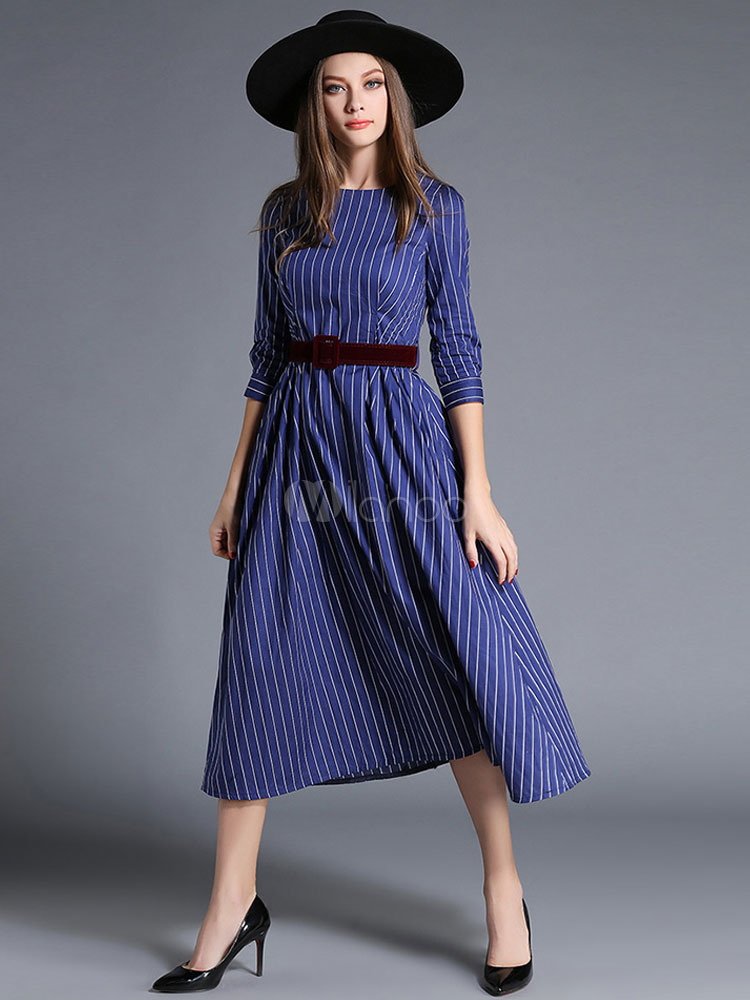 Blue Long Dress Jewel Neckline 3/4 Length Sleeve Striped Pleated A-Line ...