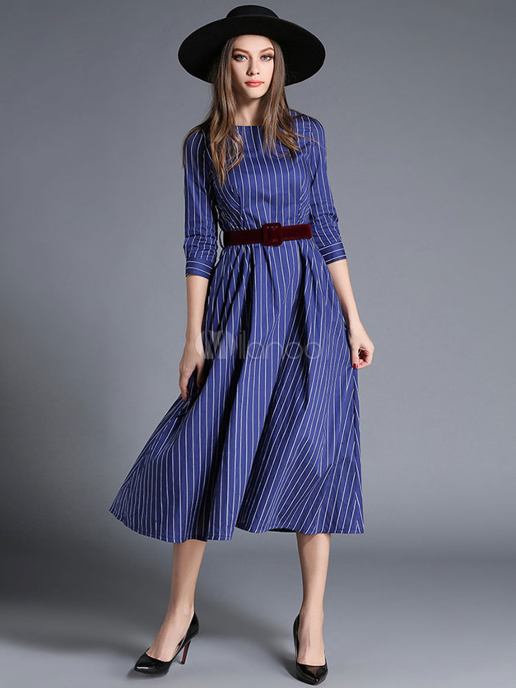 Blue Long Dress Jewel Neckline 3/4 Length Sleeve Striped Pleated A-Line ...