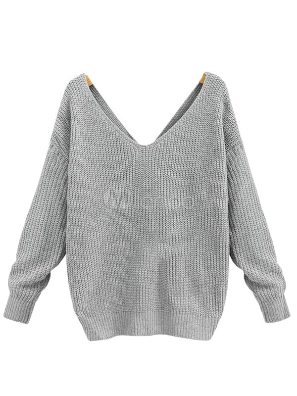 Women's Knit Sweater Light Brown V Neck Long Sleeve Back Twisted Casual ...