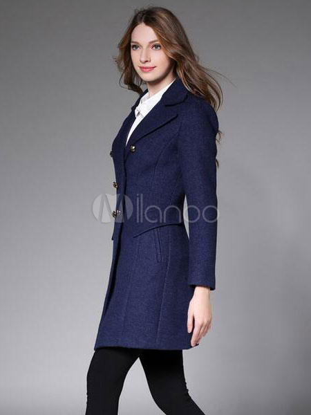 Women's Pea Coat Dark Navy Long Sleeve Slim Fit Winter Coat - Milanoo.com