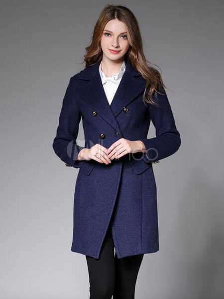Women's Pea Coat Dark Navy Long Sleeve Slim Fit Winter Coat - Milanoo.com