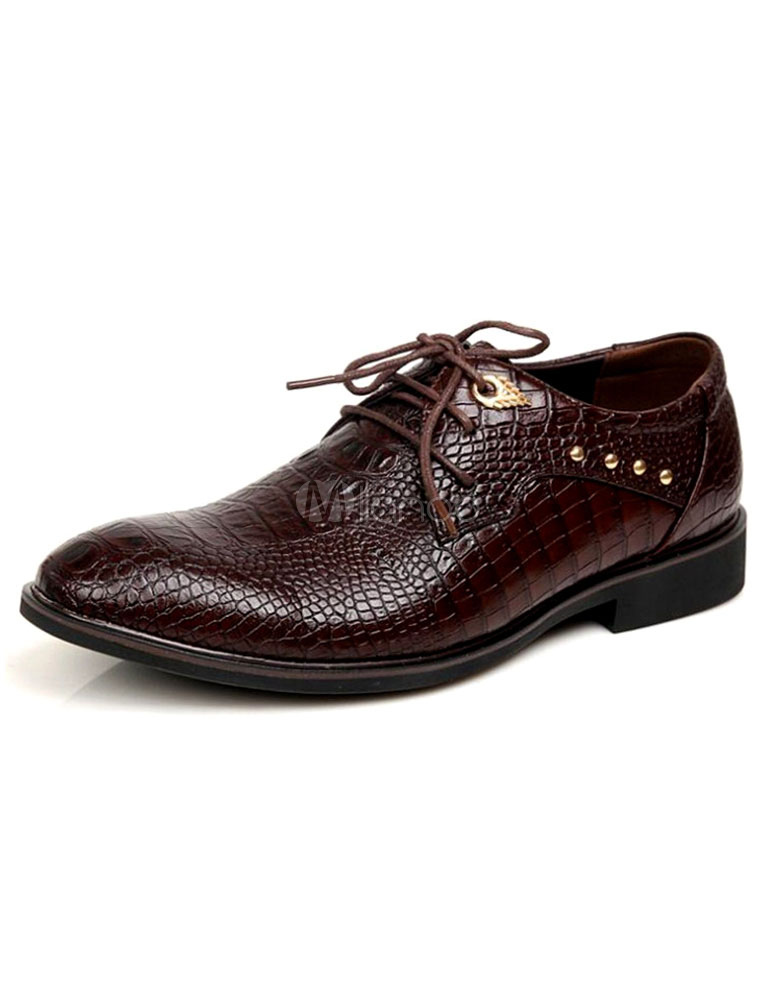 Leather Dress Shoes Men's Crocodile Lace Up Spike Detail Flat Shoes ...
