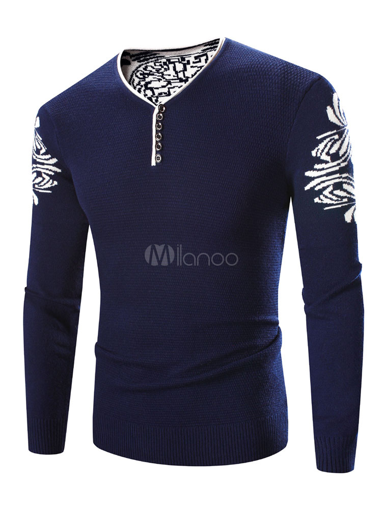 Dark Navy Sweater V Neck Printed Men's Slim Fit Pullover Casual Top ...