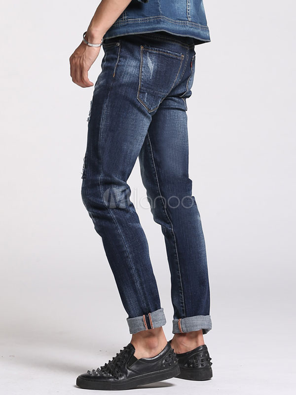 Men's Blue Jeans Ripped Slim Fit Straight Leg Winter Denim Jeans ...