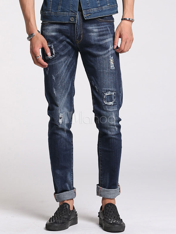 Men's Blue Jeans Ripped Slim Fit Straight Leg Winter Denim Jeans ...