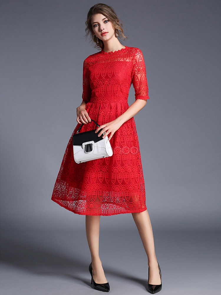 Red Lace Dress Vintage Style Half Sleeve Illusion A Line Skater Dress ...