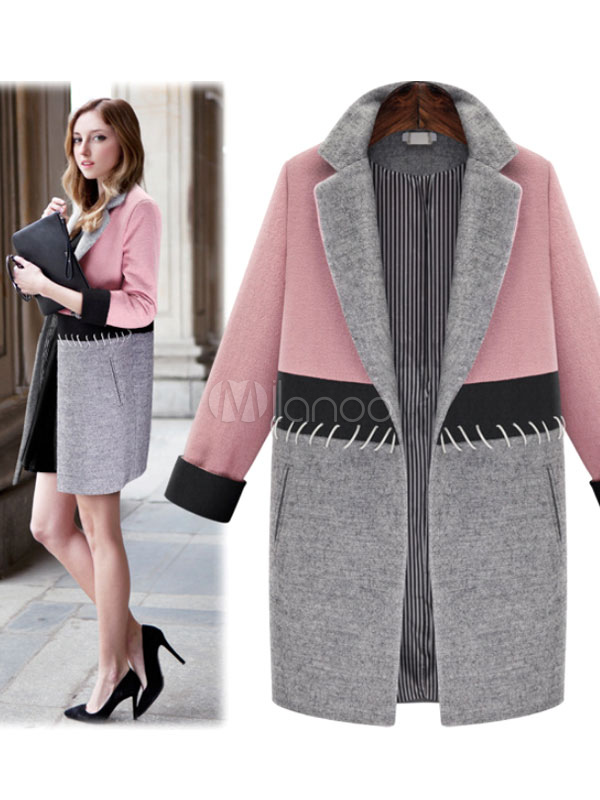 Color Block Coat Tailored Wool Blend Casual Winter Coat For Women ...