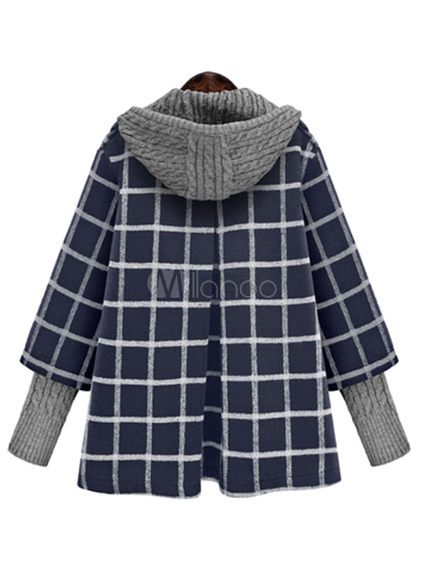 Hooded Check Coat Women's Double Breasted Knit Sleeve Winter Coat
