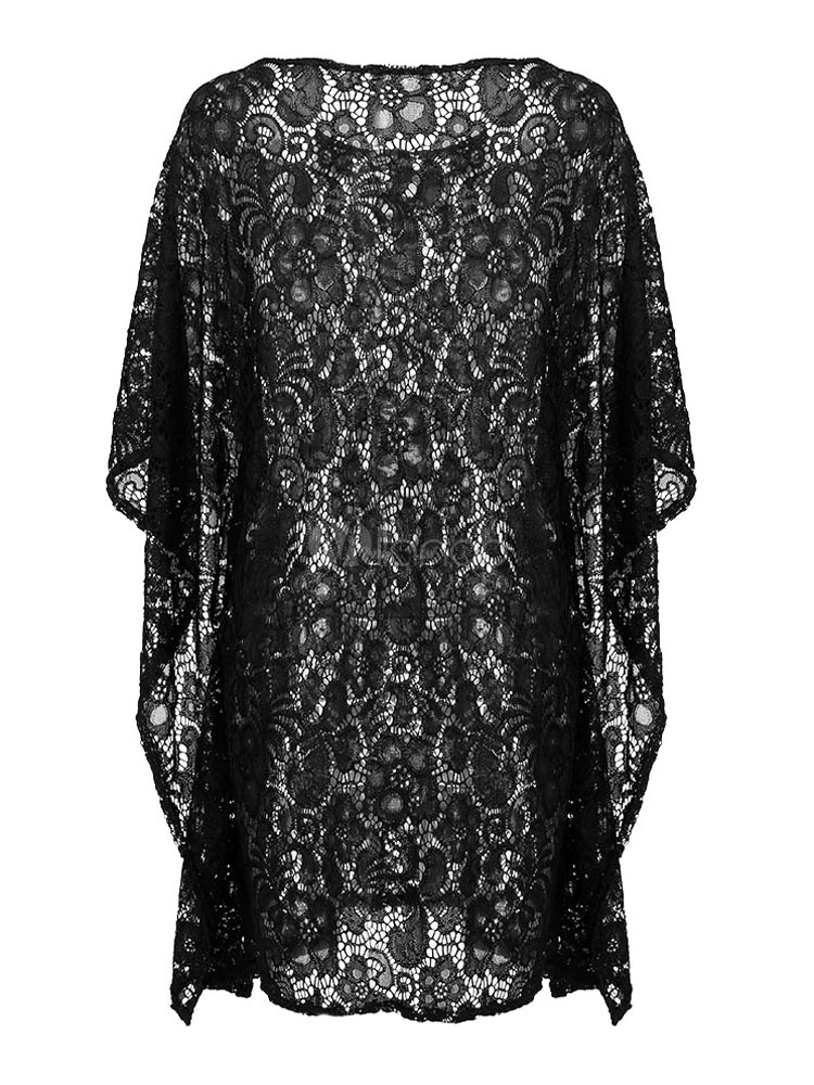 Lace Cover Ups Black Semi-sheer Women's 3/4 Sleeve Round Neck Loose ...