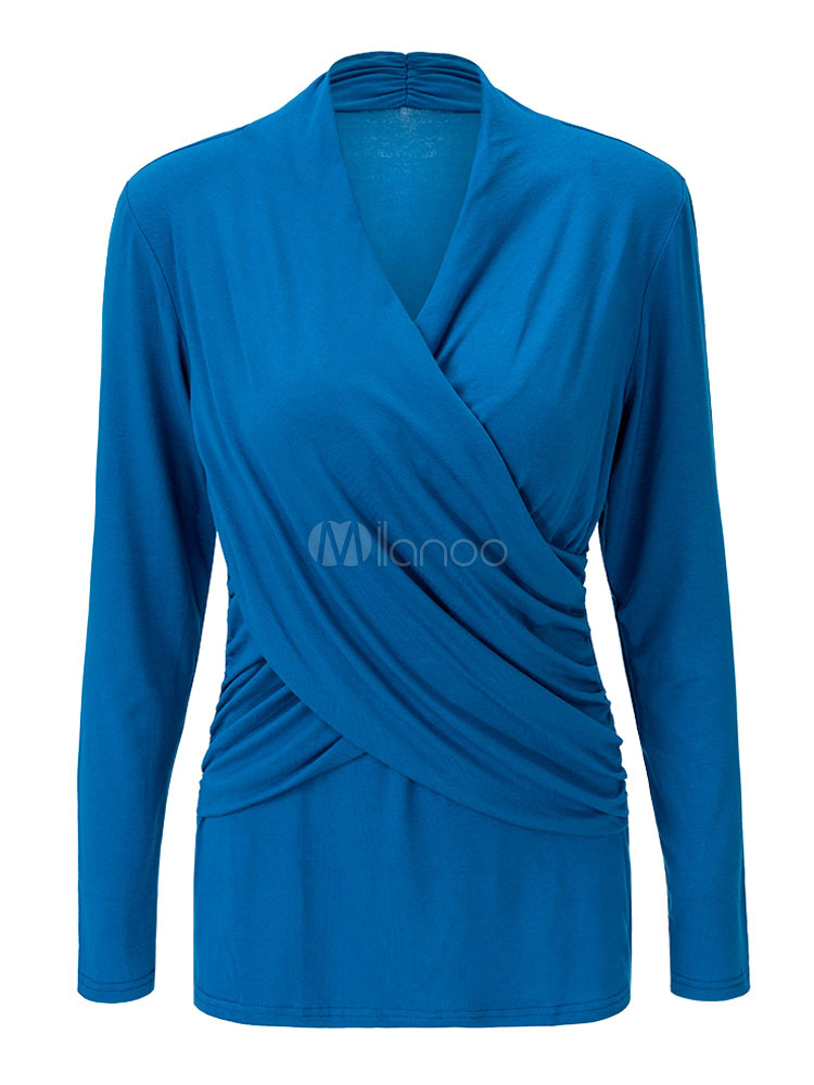 Twisted T Shirt Blue Long Sleeve V Neck Pleated Top For Women - Milanoo.com