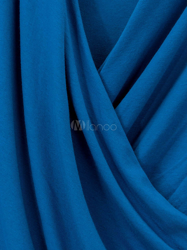 Twisted T Shirt Blue Long Sleeve V Neck Pleated Top For Women - Milanoo.com