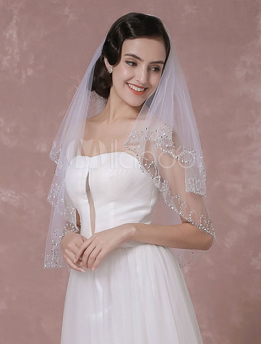 Tulle Wedding Veil Sequins 2-Tier Bridal Veil With Handmade Beaded Edge ...