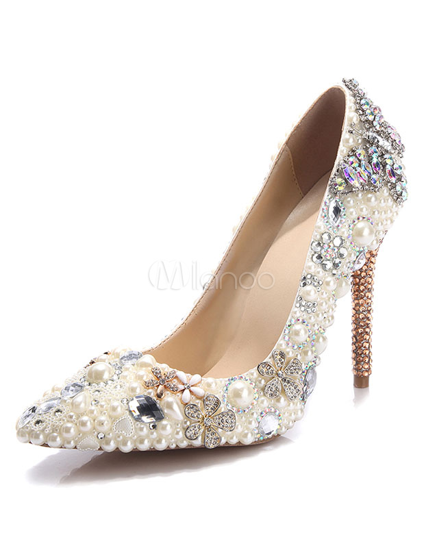 High Heel Evening Shoes Women's Pearls Pumps Shoes Rhinestone Pointed ...