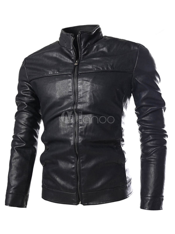 Men's Black Jacket Leather High Collar Zip Up Jackets And Coats ...