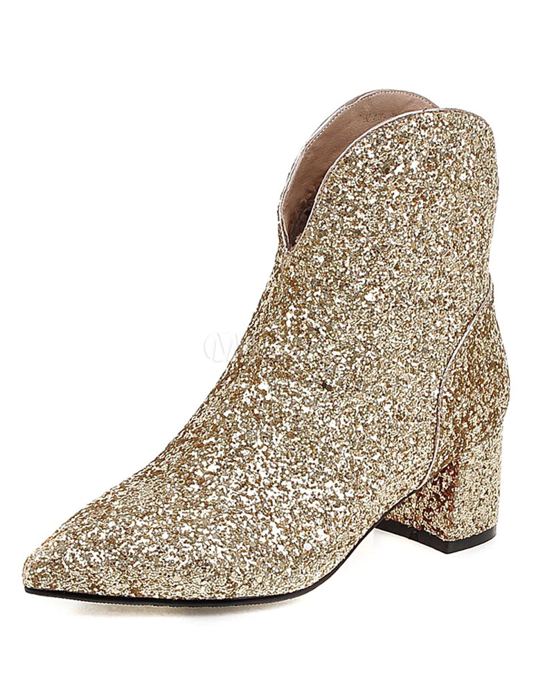 Glitter Ankle Boots Chunky Heel Pointed Toe Booties For Women - Milanoo.com