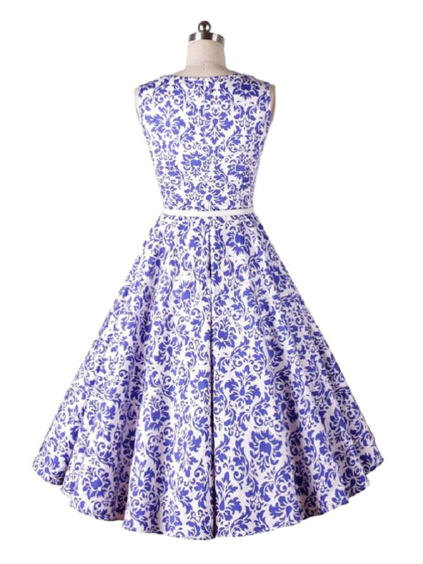 Vintage Floral Ceinture Sans Évasé Avec Femme Col Robe Rétro De Imprimé Manches Violette 54LqcAS3Rj