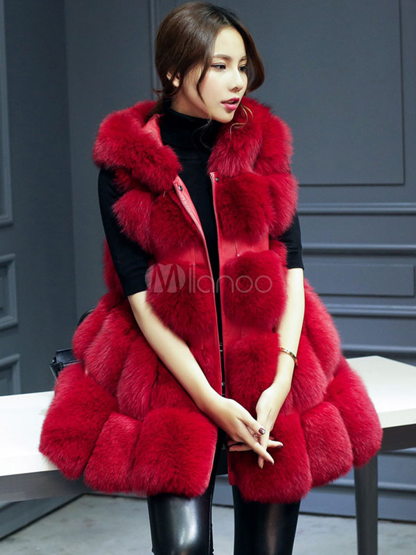Faux Fur Coat Red Sleeveless Plus Size 