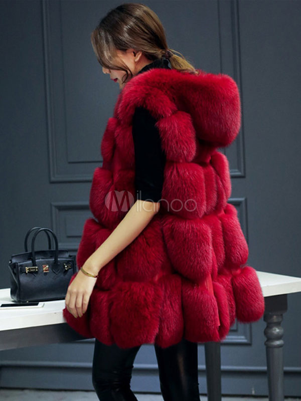 Faux Fur Coat Red Sleeveless Plus Size Outwear Women's Zipper Hooded ...