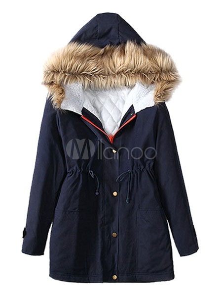 Women's Hooded Parka Faux Fur Slim Fit Winter Coat - Milanoo.com