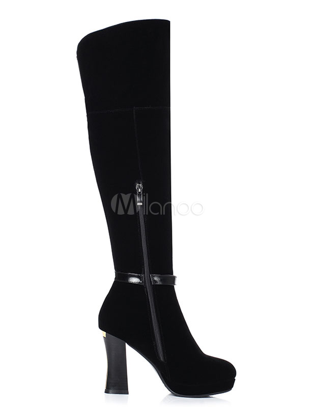 Women's Black Boots Suede Chunky Heel Buckle Boots For Winter - Milanoo.com