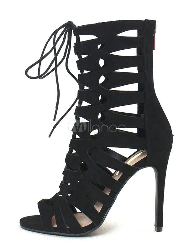 Black Gladiator Sandals High Heel Lace Up Stiletto Sandal Boots For ...