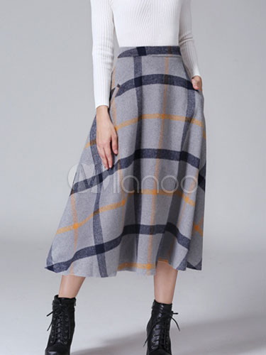 Grey Long Skirt Tweed Plaid Pleated Skater Skirt - Milanoo.com