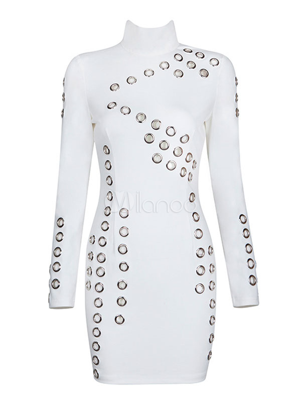 White Party Dress High Collar Long Sleeve Grommets Detail Slim Fit ...