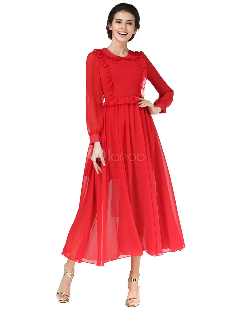 Red Maxi Dress Women's Chiffon Dress Ruffles Peter Pan Collar Pleated ...