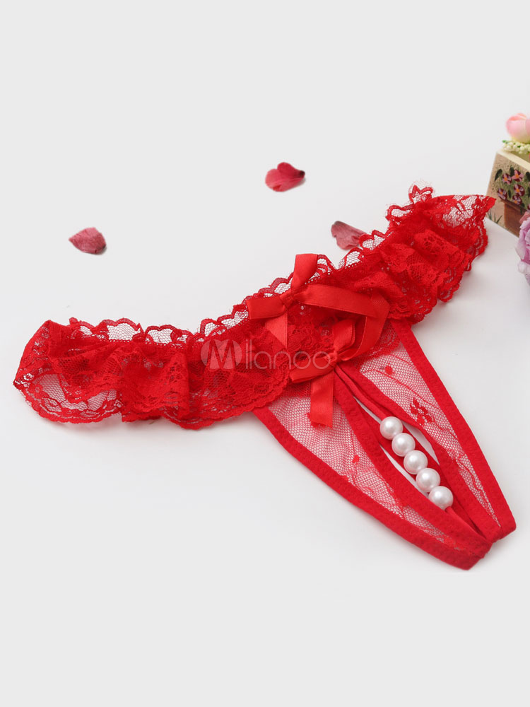 Sexy Crotchless Panties Black Lace Women's Beaded Underwear