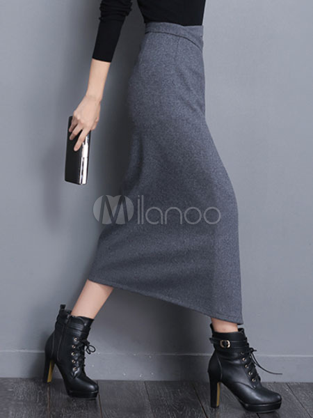Gray Pencil Skirt Irregular High Waist Long Skirt For Women
