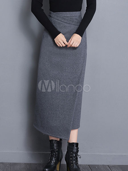 Gray Pencil Skirt Irregular High Waist Long Skirt For Women - Milanoo.com