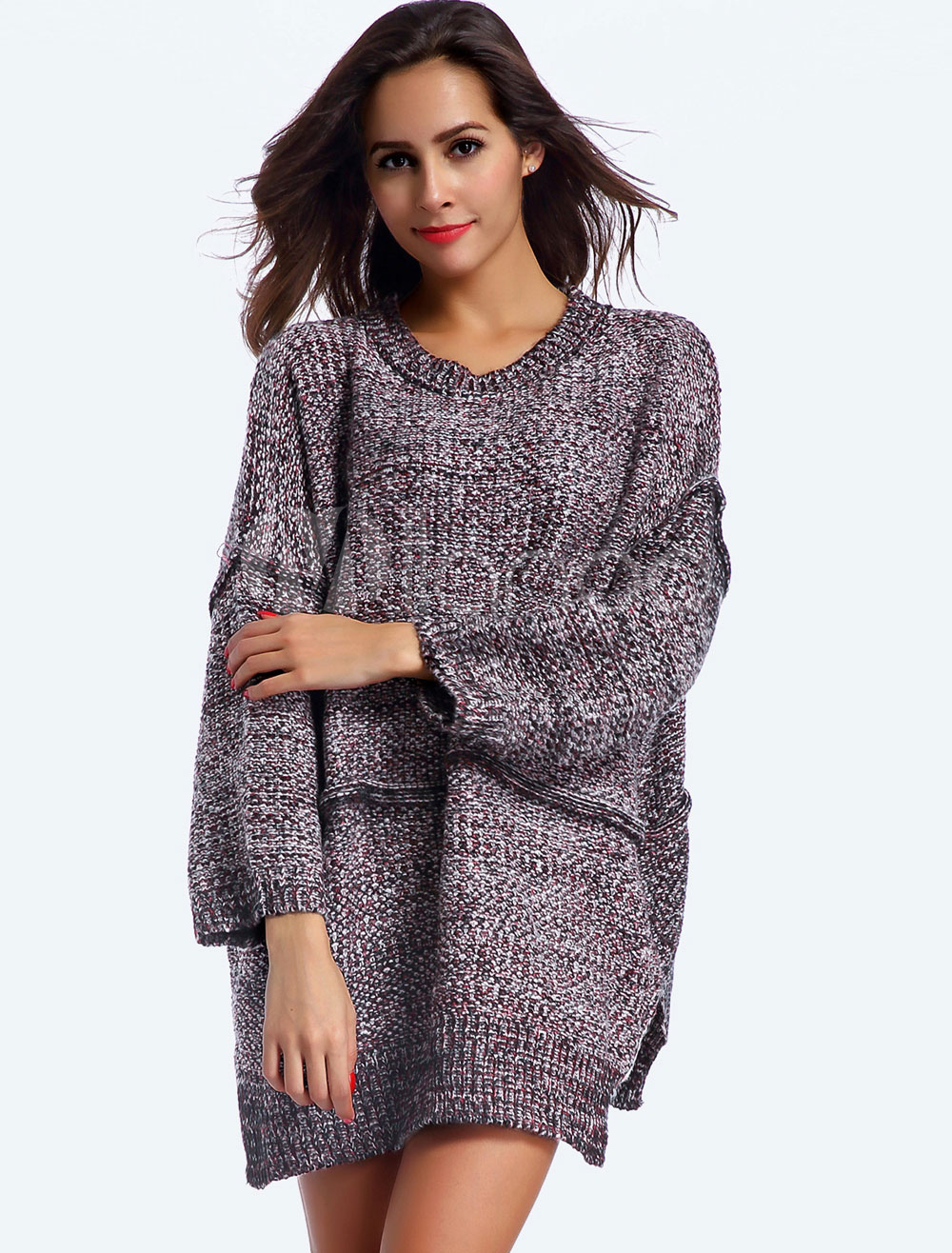 Grey Shift Dress Oversized Loose Sweater Dress Women's Long Sleeve