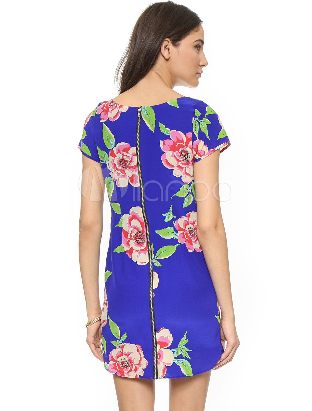 Blue Summer Dress Round Neck Short Sleeve Floral Print Short Dresses