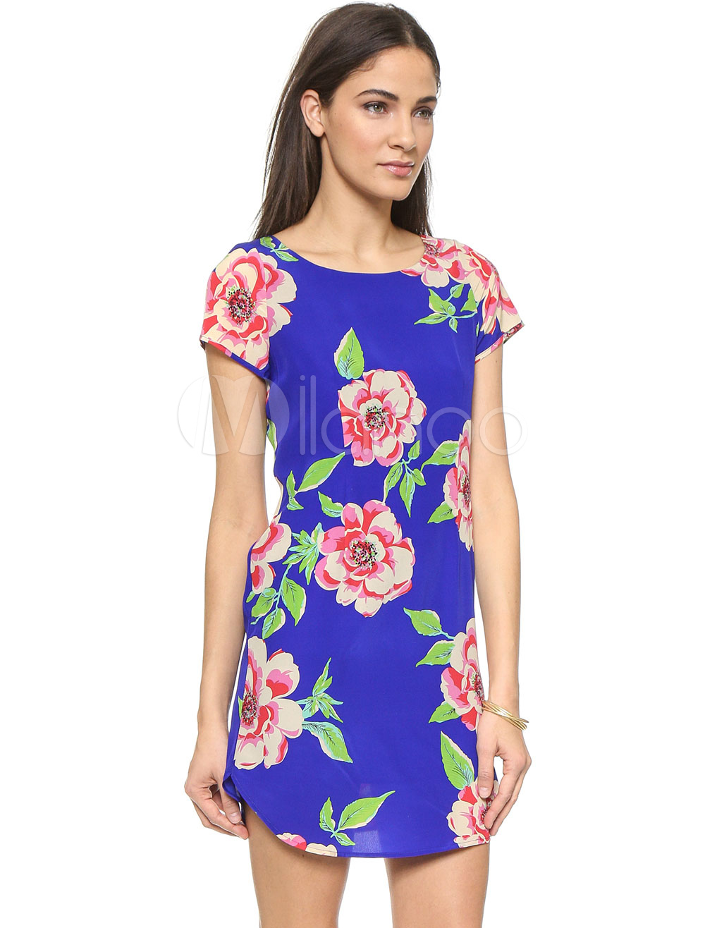Blue Summer Dress Round Neck Short Sleeve Floral Print Short Dresses