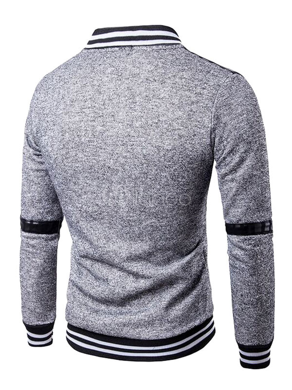 Men's Baseball Jacket Light Grey Stand Collar Long Sleeve Patchwork