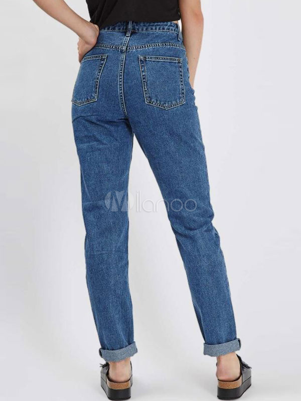 Blue Denim Jeans Women's Floral Embroidered Zipper Fly Denim Pants ...